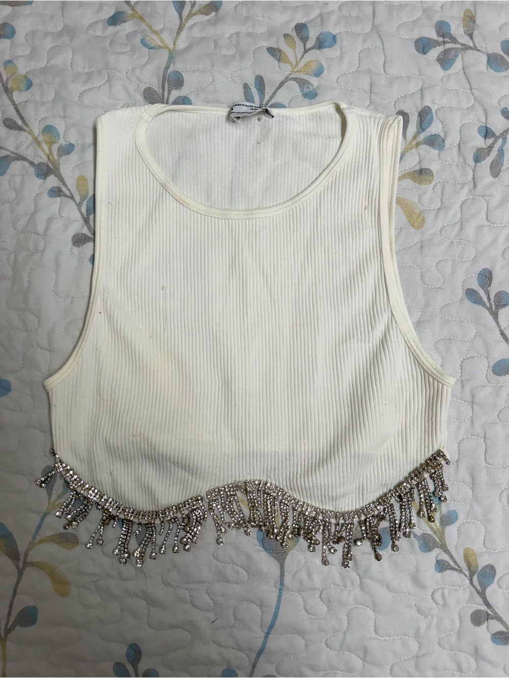 Zara White Ribbed Crop Top with Studded Fringe